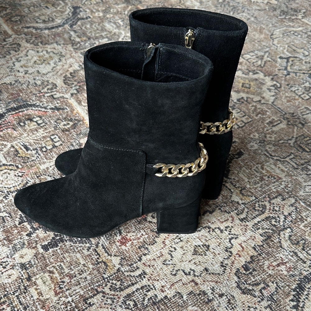ZAC by Zac Posen Black Suede mid calf boots with Gold Chain NEW size 9 Women’s